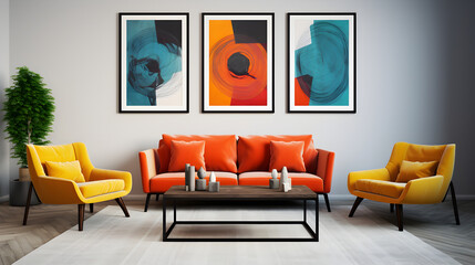Apartment with minimal design, a wall with 3 picture frames, modern living-room with colourful furniture.