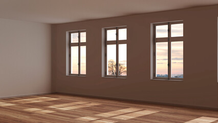 Dark late evening scene, empty room interior design, open space with parquet floor, window and white walls, modern architecture concept idea