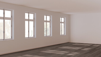 Empty room interior design, open space with dark parquet floor, window and white walls, modern architecture concept idea