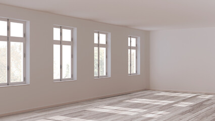 Fototapeta premium Empty room interior design, open space with bleached parquet floor, window and white walls, modern architecture concept idea
