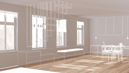 Empty white interior with parquet floor and window, custom architecture design project, white ink sketch, blueprint showing kitchen with island and sitting bench - obrazy, fototapety, plakaty