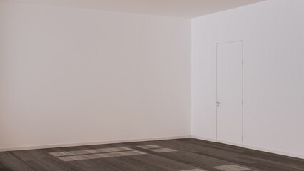 Empty room interior design, open space with dark parquet floor, window and white walls, modern architecture concept idea