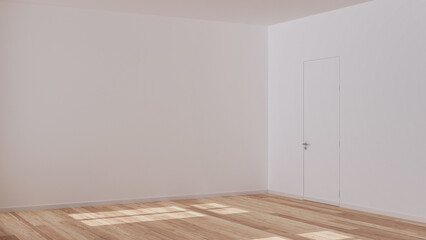 Empty room interior design, open space with parquet floor, window and white walls, modern architecture concept idea