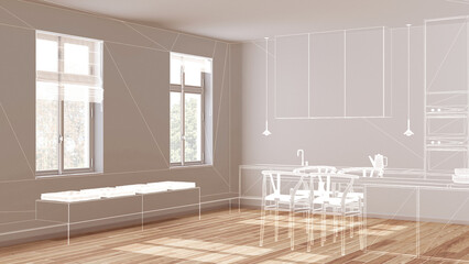 Empty white interior with parquet floor and window, custom architecture design project, white ink sketch, blueprint showing kitchen with island and chairs