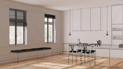 Naklejka premium Empty white interior with parquet floor and window, custom architecture design project, black ink sketch, blueprint showing kitchen with island and chairs