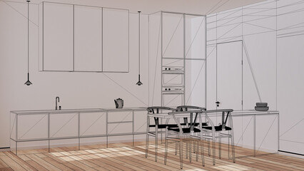 Empty white interior with parquet floor and window, custom architecture design project, black ink sketch, blueprint showing kitchen with island and chairs