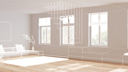 Empty white interior with parquet floor and window, custom architecture design project, white ink...