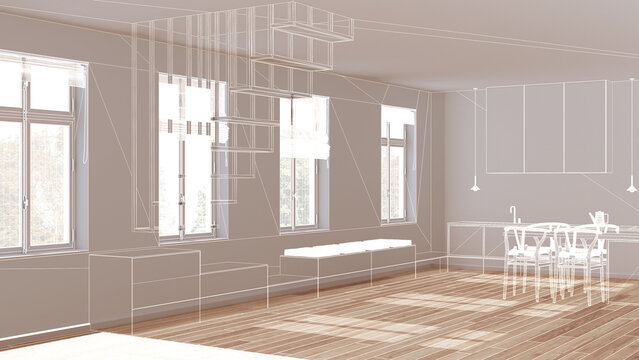 Empty white interior with parquet floor and window, custom architecture design project, white ink sketch, blueprint showing kitchen with island and sitting bench