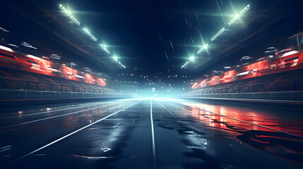 Obraz premium Formula one racing track at night in rain with floodlights on
