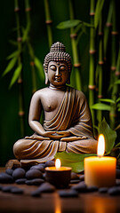 Defocused Buddha statue, bamboo and candle on wooden table with green background. 