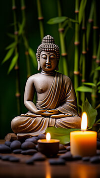 Defocused Buddha statue, bamboo and candle on wooden table with green background. 