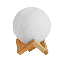 Modern round lamp on a wooden stand isolated on a transparent background. Moon lamp on a wooden...