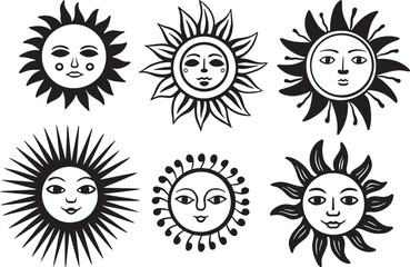 Collection set of sun face doodle sketch illustration