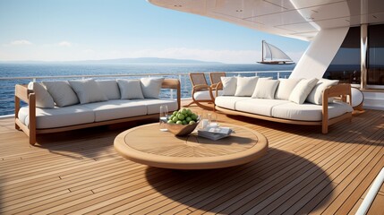 Fototapeta na wymiar Yacht Deck , A luxurious yacht deck with teak flooring, plush seating, and uninterrupted ocean views