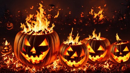 A Group Of Carved Pumpkins Sitting On Top Of A Pile Of Fire