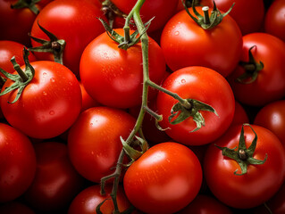 a pile of ripe, red tomatoes in a farmer's market, highlighting their freshness and texture, captured in soft natural light