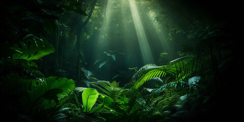 Fototapeta premium rainforest scene, deep emerald greens, play of light and shadows, dense textures and patterns