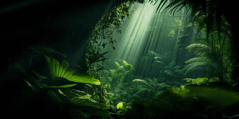 rainforest scene, deep emerald greens, play of light and shadows, dense textures and patterns