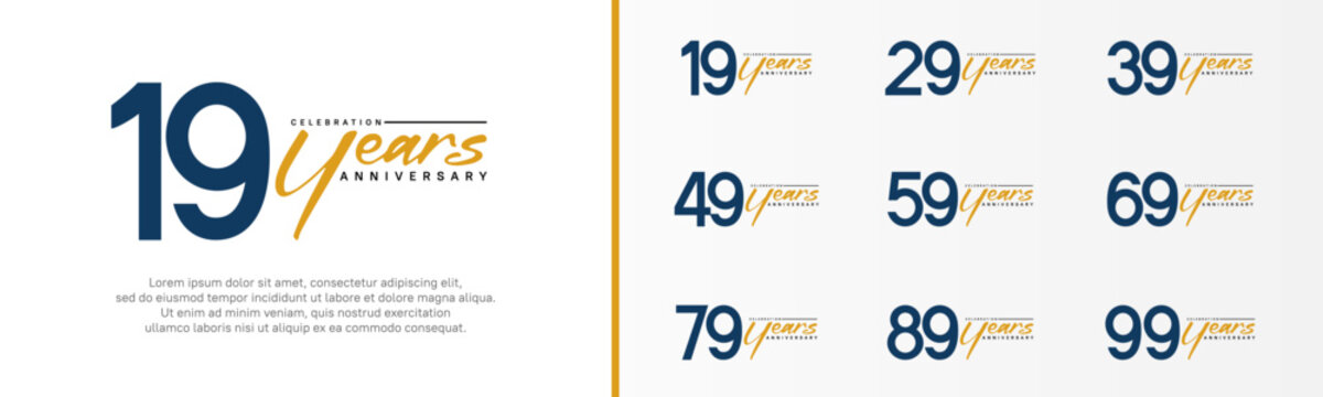 set of anniversary logo dark blue color number and orange text on white background for celebration