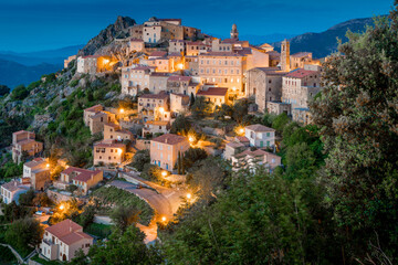 Ancient mountain village of Speloncato in evening lights in the Balagne region of Corsica island,...