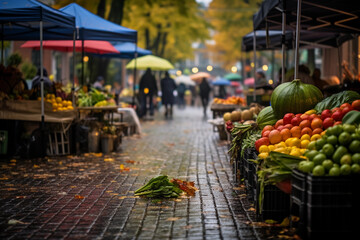Fototapeta na wymiar Farmer's market on a rainy day, capturing the atmosphere, the wet cobblestones, and the umbrellas, rich colors and dramatic lighting