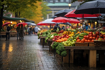 Farmer's market on a rainy day, capturing the atmosphere, the wet cobblestones, and the umbrellas, rich colors and dramatic lighting