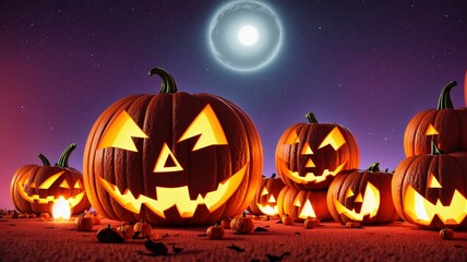 Obraz premium A Group Of Carved Pumpkins Sitting On Top Of A Field