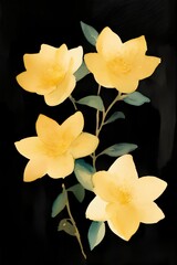 Three Yellow Flowers With Green Leaves On A Black Background