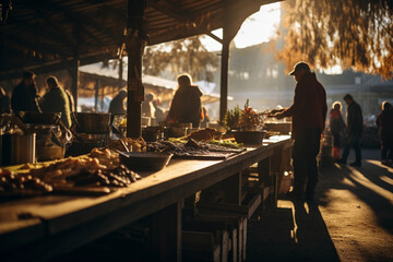 Obraz na płótnie Canvas Late afternoon at a farmer's market, capturing the golden hour light casting long shadows over the stands. A rustic feel, vendors with handcrafted goods, warm tones