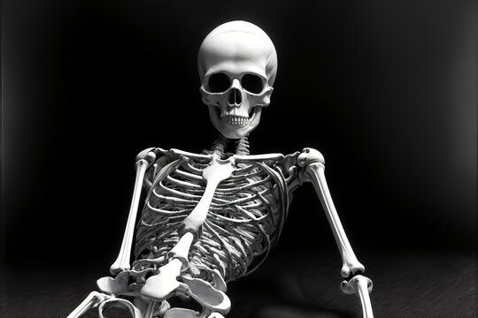 A Skeleton Sitting In The Middle Of A Black And White Photo