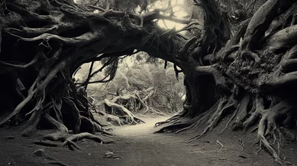  Twisted gnarled ancient forest, eerie, mystical, abstract nature art, rich greens and deep shadows, ultra - wide angle, fish - eye perspective, surreal distortions © Marco Attano