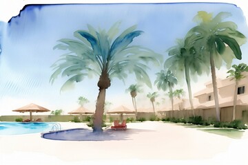 A Painting Of A Palm Tree Next To A Swimming Pool
