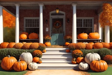A Painting Of Pumpkins On The Front Steps Of A House