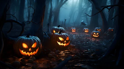 Foto op Plexiglas Halloween pumpkins in the forest at night.Halloween background with Evil Pumpkin. Spooky scary dark Night forrest. Holiday event halloween banner background concept © mandu77