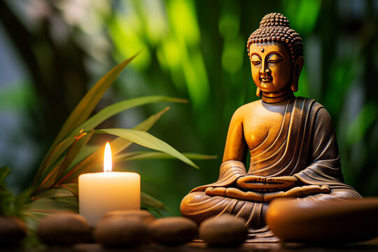 Defocused Buddha statue and candle on wooden table with bamboo background.