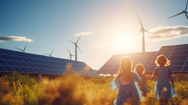 Wind turbine energy genetrators and solar panels. Clear skies and evening sun. Future generations concept.