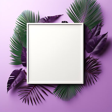 White Frame with white blank empty space for text pictures or images. Green and purple Leaves and flowers around it, color gradient background