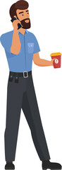 Policeman talking on phone. Police officer with takeaway coffee cartoon vector illustration