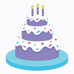 Birthday cake with three layers and candles on a plate.