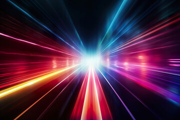 Fototapeta na wymiar Abstract futuristic background high speed straight lines and bokeh glowing neon moving. Speed of light futuristic travel concept. Fantastic wallpaper