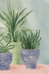 A Painting Of Two Potted Plants On A Table