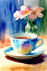 A Painting Of A Cup Of Tea With A Flower In A Vase