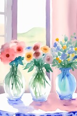 A Painting Of Three Vases Of Flowers On A Table