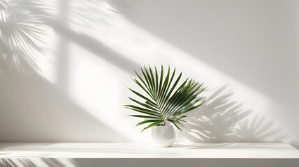Minimal white wall background with palm tree leaves on the vase