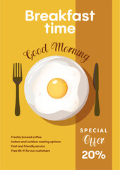 Vector banner on the theme of Breakfast time with fried egg, fork and knife on the yellow background with place for text in retro style