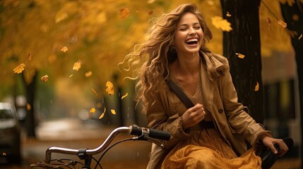 Obraz na płótnie Canvas A candid capture of the model laughing under a rain of golden leaves, an old-fashioned bicycle with a basket full of autumn harvest beside them, evoking a sense of nostalgia
