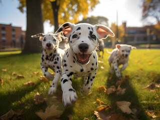 Naklejka na ściany i meble Cute funny dalmatian puppy group running and playing on green grass in park in autumn.
