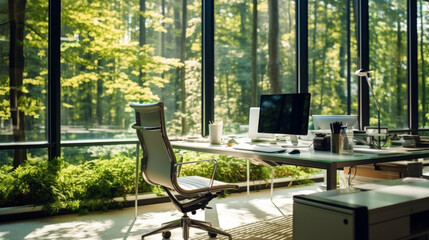 Fototapeta Modern corporate office open space with forest outside the window. Calming and productive workspace for modern lifestyle. obraz