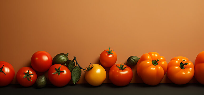 Tomatoes and parika on a table near a wall. Header with empty space for text, brand or logo