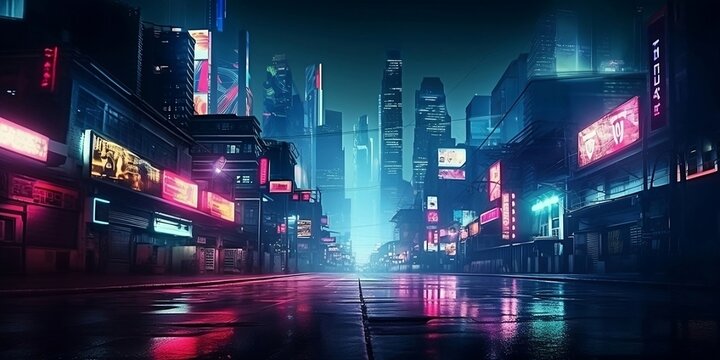 Nighttime cyberpunk city illustration. Generative AI technology